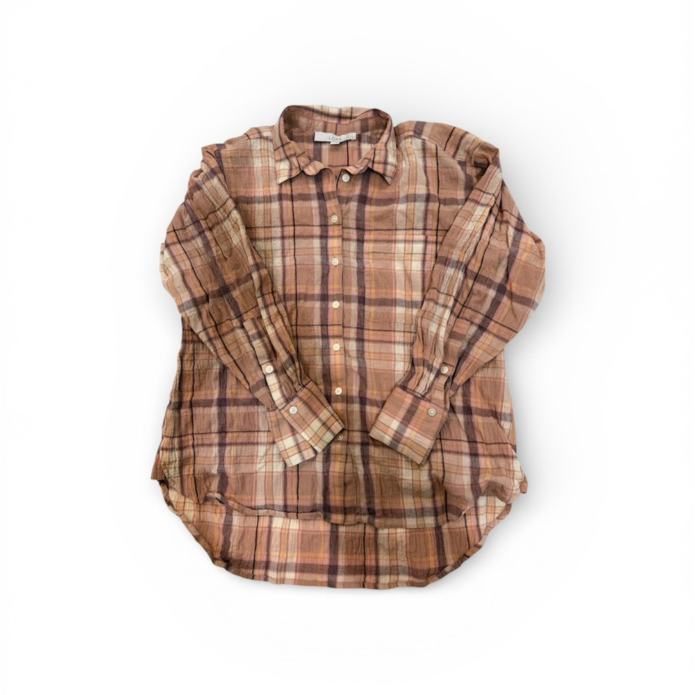 LOFT Women's Plaid Button-Down Shirt in Brown and Tan